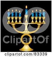 Poster, Art Print Of Gold Jewish Menorah With Nine Blue Lit Candles On A Black Background
