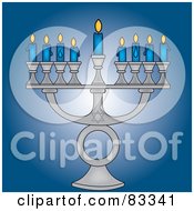 Royalty Free RF Clip Art Illustration Of A Silver Jewish Menorah With Nine Blue Lit Candles On A Blue Background