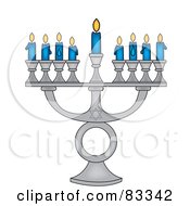 Royalty Free RF Clipart Illustration Of A Silver Jewish Menorah With Nine Blue Lit Candles On A White Background