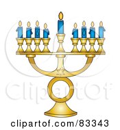 Poster, Art Print Of Gold Jewish Menorah With Nine Blue Lit Candles On A White Background