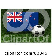3d Soccer Ball Resting In The Grass In Front Of A Reflective New Zealand Flag