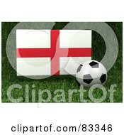 Poster, Art Print Of 3d Soccer Ball Resting In The Grass In Front Of A Reflective England Flag