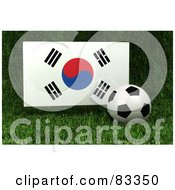 Royalty Free RF Clipart Illustration Of A 3d Soccer Ball Resting In The Grass In Front Of A Reflective South Korea Flag