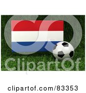 Royalty Free RF Clipart Illustration Of A 3d Soccer Ball Resting In The Grass In Front Of A Reflective Netherlands Flag