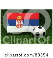 Poster, Art Print Of 3d Soccer Ball Resting In The Grass In Front Of A Reflective Serbia Flag