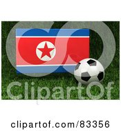 Poster, Art Print Of 3d Soccer Ball Resting In The Grass In Front Of A Reflective North Korea Flag