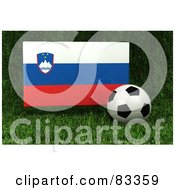 Poster, Art Print Of 3d Soccer Ball Resting In The Grass In Front Of A Reflective Slovenia Flag