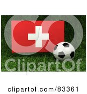 Poster, Art Print Of 3d Soccer Ball Resting In The Grass In Front Of A Reflective Switzerland Flag