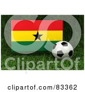 Royalty Free RF Clipart Illustration Of A 3d Soccer Ball Resting In The Grass In Front Of A Reflective Ghana Flag