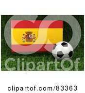 3d Soccer Ball Resting In The Grass In Front Of A Reflective Spain Flag