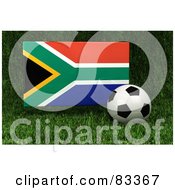 Royalty Free RF Clipart Illustration Of A 3d Soccer Ball Resting In The Grass In Front Of A Reflective South Africa Flag