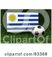 Royalty Free RF Clipart Illustration Of A 3d Soccer Ball Resting In The Grass In Front Of A Reflective Uruguay Flag