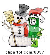Poster, Art Print Of Dollar Bill Mascot Cartoon Character With A Snowman On Christmas