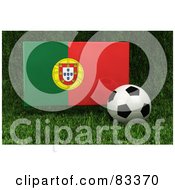 3d Soccer Ball Resting In The Grass In Front Of A Reflective Portugal Flag