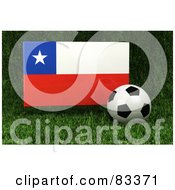 Royalty Free RF Clipart Illustration Of A 3d Soccer Ball Resting In The Grass In Front Of A Reflective Chile Flag by stockillustrations