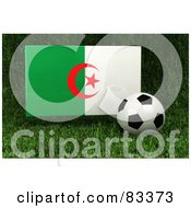 Poster, Art Print Of 3d Soccer Ball Resting In The Grass In Front Of A Reflective Algeria Flag