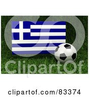 Poster, Art Print Of 3d Soccer Ball Resting In The Grass In Front Of A Reflective Greece Flag