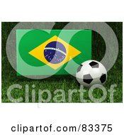 Poster, Art Print Of 3d Soccer Ball Resting In The Grass In Front Of A Reflective Brazil Flag