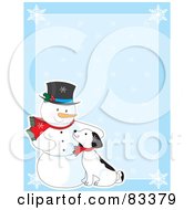 Poster, Art Print Of Blue Background With Snowflakes And A Snowman Petting A Puppy