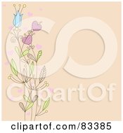 Poster, Art Print Of Beige Background With A Left Border Of Flowers And Hearts