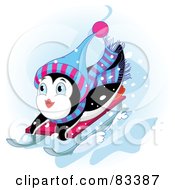 Poster, Art Print Of Cute Penguin Looking Up While Sledding Down A Hill In The Snow