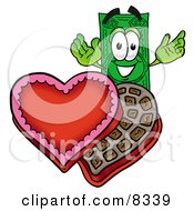 Dollar Bill Mascot Cartoon Character With An Open Box Of Valentines Day Chocolate Candies