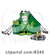 Dollar Bill Mascot Cartoon Character Camping With A Tent And Fire