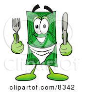 Dollar Bill Mascot Cartoon Character Holding A Knife And Fork
