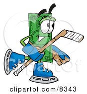 Dollar Bill Mascot Cartoon Character Playing Ice Hockey