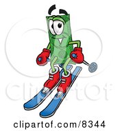 Dollar Bill Mascot Cartoon Character Skiing Downhill