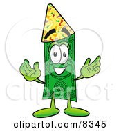 Poster, Art Print Of Dollar Bill Mascot Cartoon Character Wearing A Birthday Party Hat