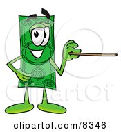 Dollar Bill Mascot Cartoon Character Holding A Pointer Stick by Toons4Biz