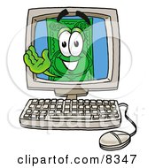 Dollar Bill Mascot Cartoon Character Waving From Inside A Computer Screen