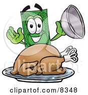 Poster, Art Print Of Dollar Bill Mascot Cartoon Character Serving A Thanksgiving Turkey On A Platter