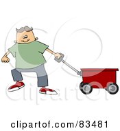 Little Boy Pulling A Red Wagon Toy