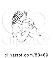 Royalty Free RF Clipart Illustration Of A Black And White Line Drawn Woman Cuddling With Her Dog