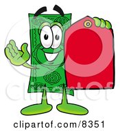 Dollar Bill Mascot Cartoon Character Holding A Red Sales Price Tag by Toons4Biz