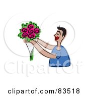 Poster, Art Print Of Sweet Man Holding Out Pink Flowers