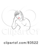 Royalty Free RF Clipart Illustration Of A Line Drawing Of A Bored Red Lipped Woman Leaning On A Table