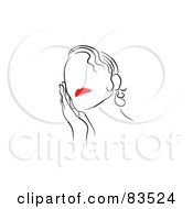 Royalty Free RF Clipart Illustration Of A Line Drawing Of A Red Lipped Woman Gently Adjusting Her Hair