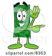 Dollar Bill Mascot Cartoon Character Waving And Pointing