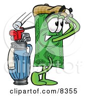 Dollar Bill Mascot Cartoon Character Swinging His Golf Club While Golfing