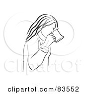 Black And White Line Drawing Of A Woman Sipping Coffee