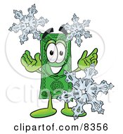 Dollar Bill Mascot Cartoon Character With Three Snowflakes In Winter