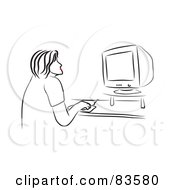 Line Drawing Of A Red Lipped Woman Using A Desktop Computer