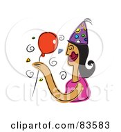 Poster, Art Print Of Happy Birthday Woman Holding A Balloon And Wearing A Party Hat