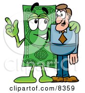 Dollar Bill Mascot Cartoon Character Talking To A Business Man by Toons4Biz