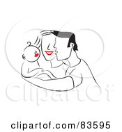 Royalty Free RF Clipart Illustration Of A Line Drawn Mom And Dad With Red Lips Adoring Their Baby