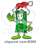 Dollar Bill Mascot Cartoon Character Wearing A Santa Hat And Waving