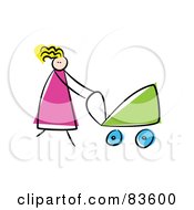 Blond Stick Mom Walking Her Baby In A Carriage